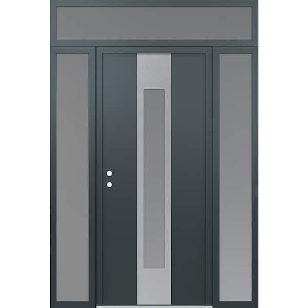 A1 68 in. x 96 in. Silver P Right-Hand/Inswing Frosted Glass Anth/Anth 2 Sidelite+Transom Steel Prehung Front Door