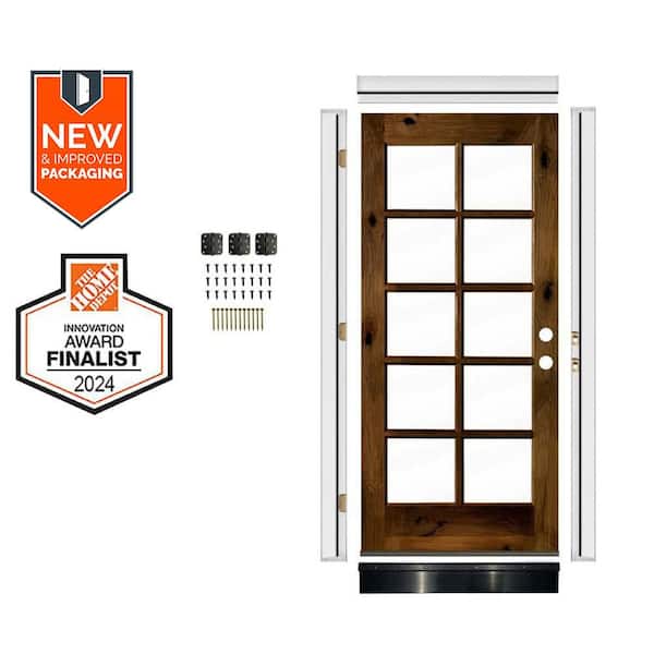 Krosswood Doors DIY 32 in. x 80 in. Alder Left-Hand 10-Lite Clear Glass Provincial Stain Wood Front Door Kit w/ Quick Assemble Jamb