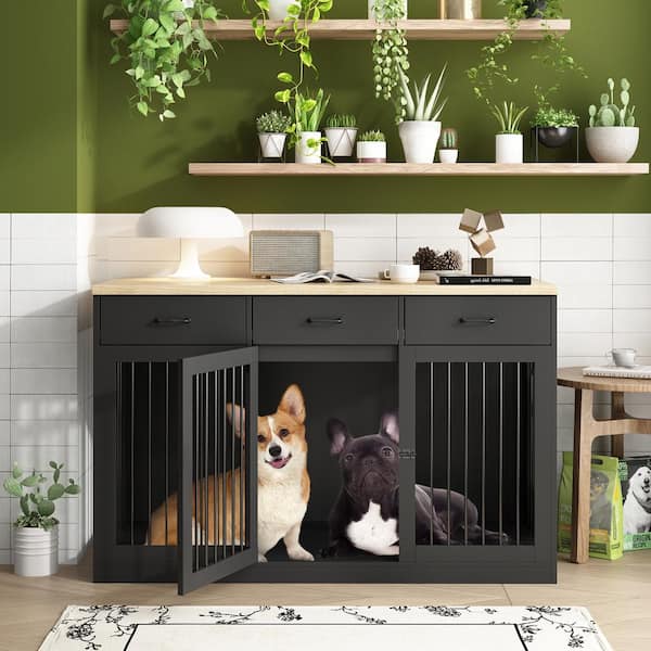 FUFU&GAGA Modern Large Dog Crate with 3-Drawers, Wooden Dog House Dog Cage Storage Cabinet for Medium Small Dogs, Black