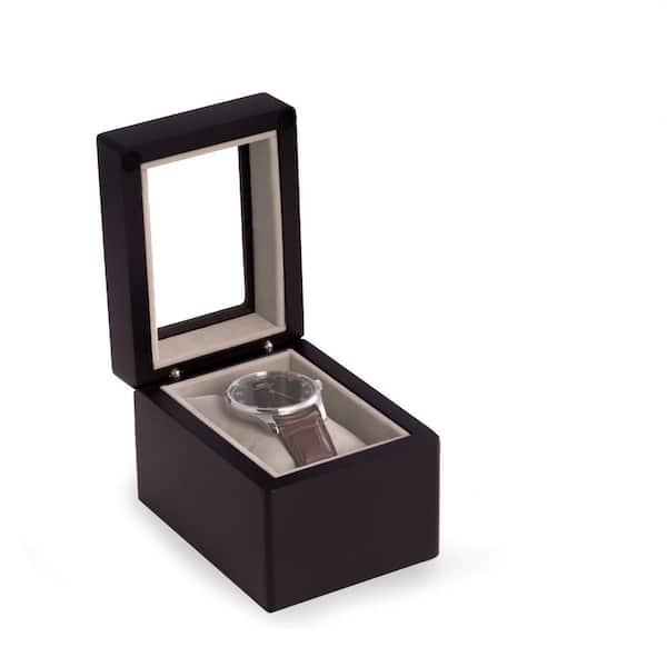 BEY-BERK Matte Black Wood Single Watch Box with Glass Top, Velour Lining and Pillow