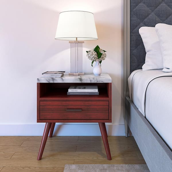 Boyd Sleep Marcello Mid-Century Modern 1 Drawer Nightstand, Cherry - Faux Marble Top, Open Storage Shelf, Sturdy Tapered Legs