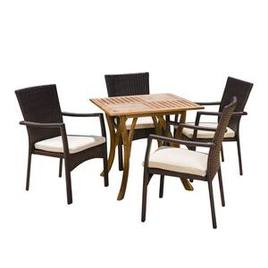 Zaire 5-Piece Wood and Faux Rattan Square Outdoor Patio Dining Set with Crme Cushion