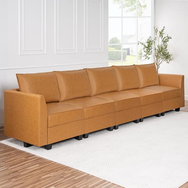 HOMESTOCK 138.59 in. Modern Faux Leather 5-Piece Upholstered Sectional Sofa Bed in. Caramel