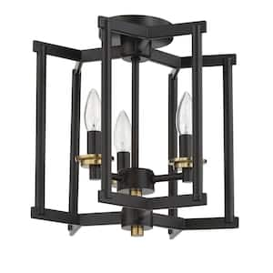 Avante Grand 11.25 in. 3-Light Flat Black/Satin Brass Finish Traditional Convertible Semi Flush Mount Ceiling Light