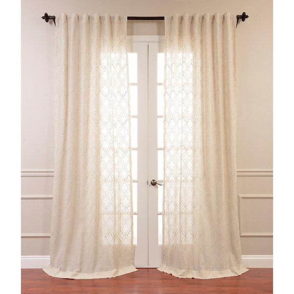 Exclusive Fabrics & Furnishings Saida Natural Geometric Embroidered 50 in. W x 120 in. L Rod Pocket Sheer Curtain (1 Panel)