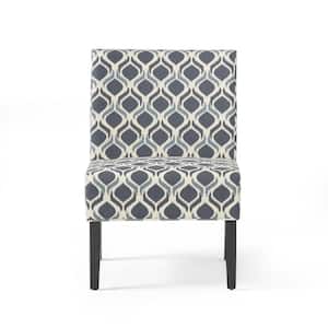Navy Blue and White Fabric Geometric Lattice-Designed Slipper Chair