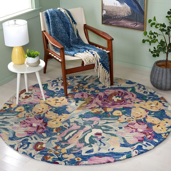 Blossom 6 ft. x 6 ft. Light Blue/Plum Oversized Floral Abstract Round Area Rug