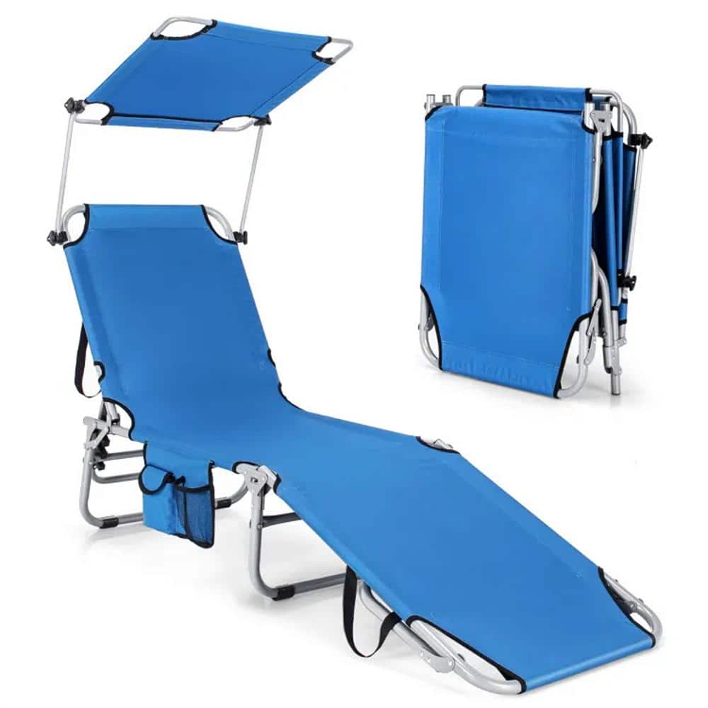 Blue adjustable outdoor chaise lounge with canopy and folded version.