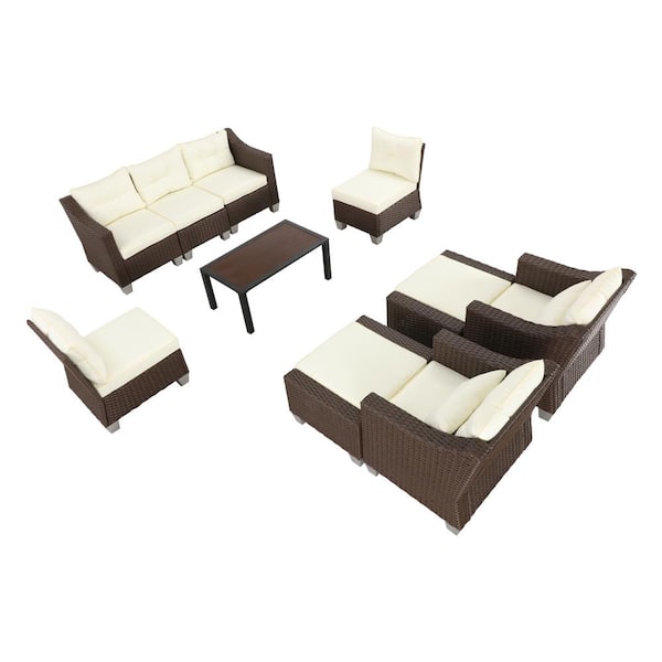 Patio Festival 10-Piece Wicker Patio Conversation Set with Beige Cushions