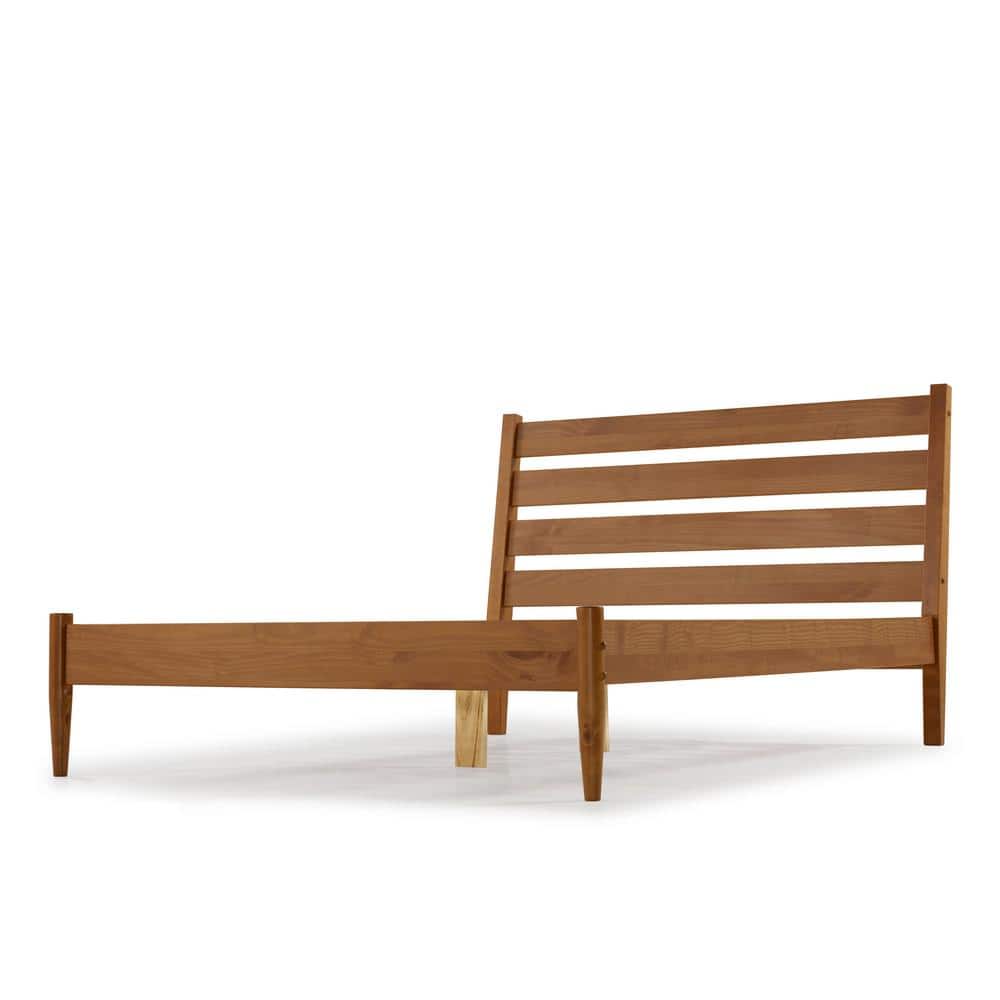 Castanho Brown Mid-Century Modern Queen Platform Bed with Slatted Headboard