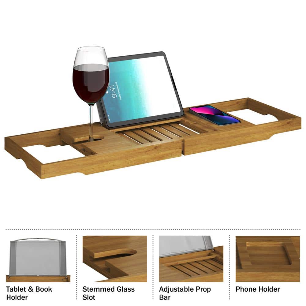 Natural Acacia Wood Extendable Bathtub Tray with Wine Holder