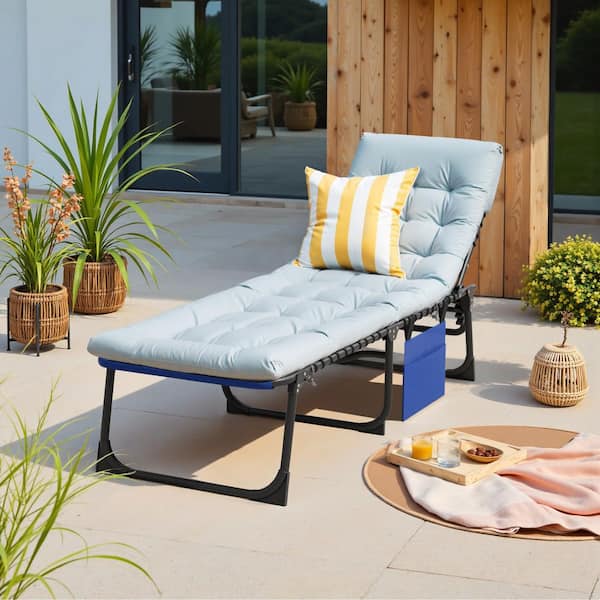 Tozey Metal Folding Outdoor Chaise Lounge with Gray Cushion, 5-Position Reclining Portable Patio Chair, Blue