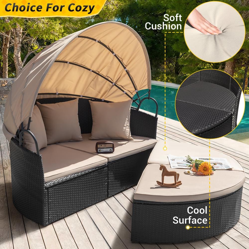 Beige Cushioned Black Steel Outdoor Round Daybed with Retractable Canopy