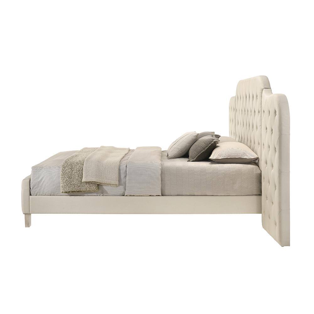 Beige Linen Upholstered Queen Bed with Tufted Headboard and Storage Drawer