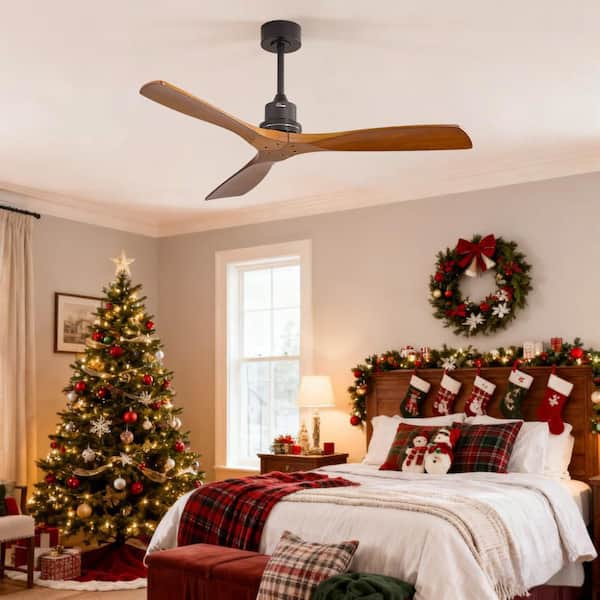 52 in. Indoor/Outdoor Black Wood Ceiling Fan with 6-Speed Long-Handled Reversible DC Motor Remote Control