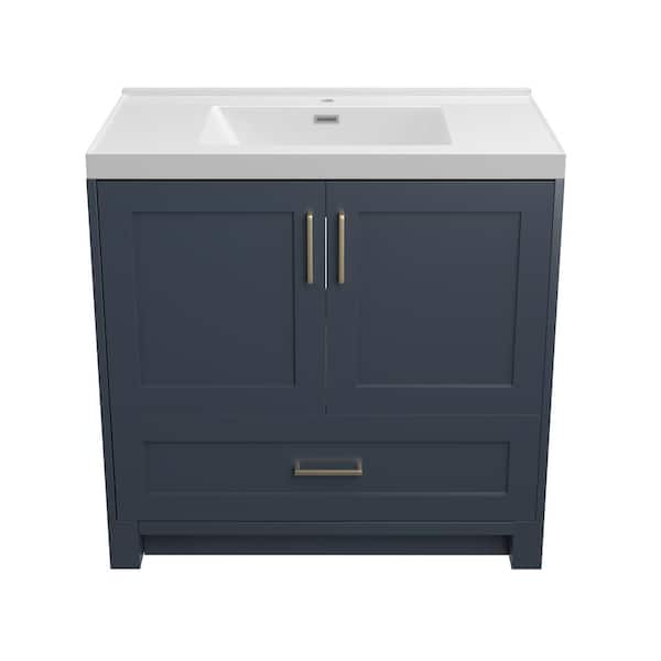 Zeafive 36 in. Solid Wood Single Sink Bath Vanity Navy Blue Freestanding Bathroom Cabinet with White Solid Surface Top & Basin