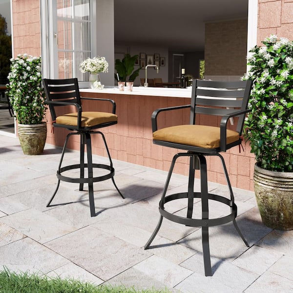 Pellebant Swivel Cast Aluminum Outdoor Bar Stool with Sunbrella Echo Teak Cushion (2-Pack)