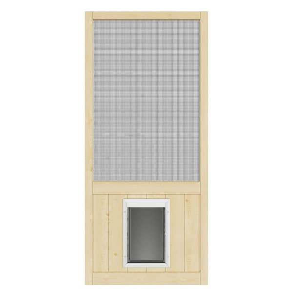 36 in. x 80 in. Single Universal Paneled Unfinished Pine Wood and Gauze Mesh Hinged Screen Door with Pet Entry