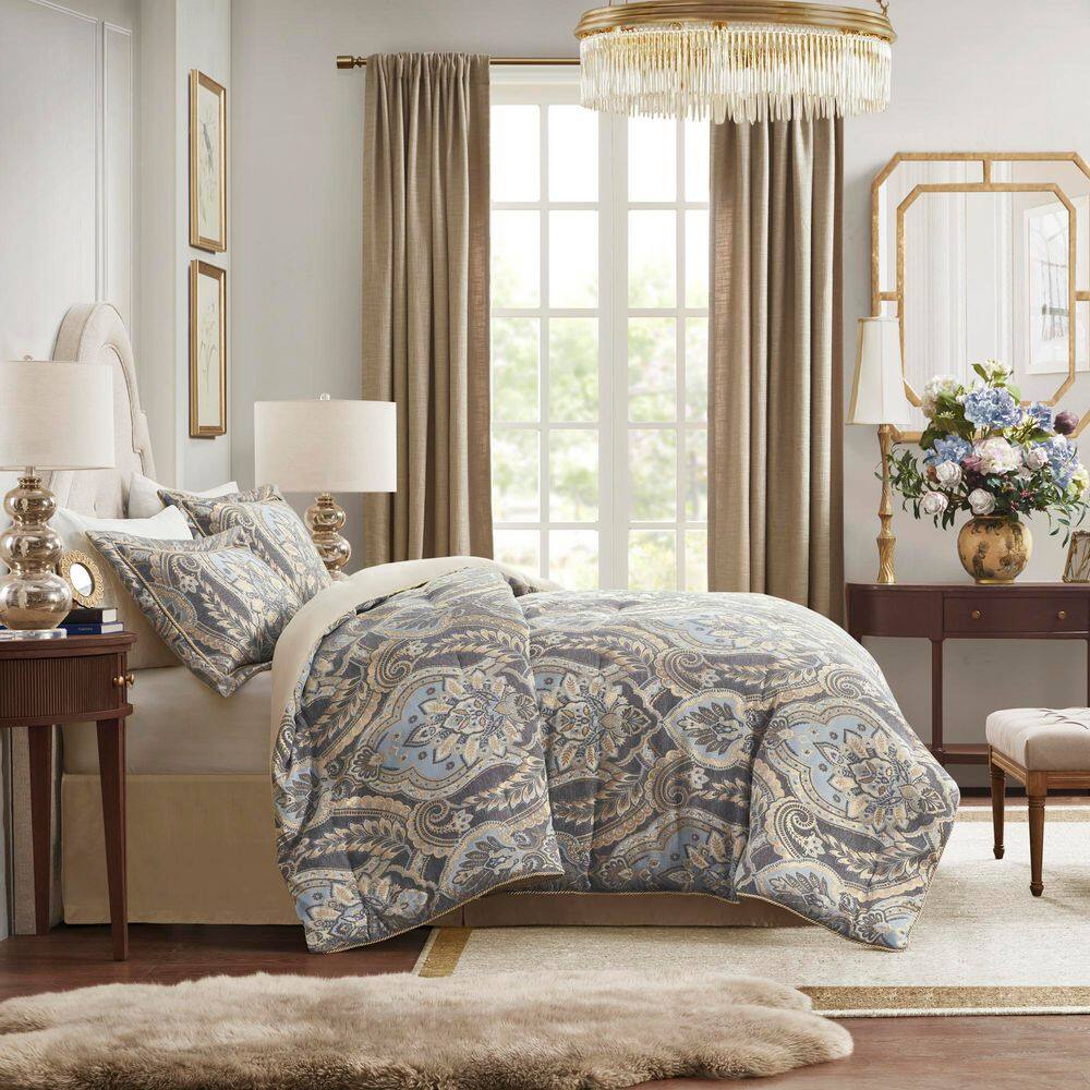 Julius Queen Taupe and Blue Microfiber Comforter Set