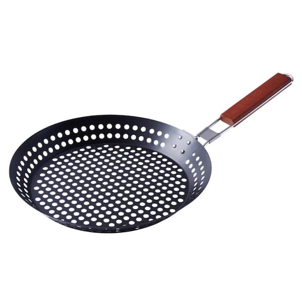 1-Piece Black Non-Stick Carbon Steel Grill Pans with Foldable Wooden Handle for Stovetop and Outdoor Grills