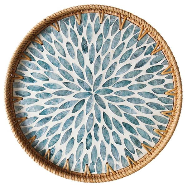Woven Blue Round Rattan Tray with Wooden Base 11.8 in. Tray LX0514