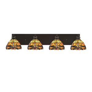 Albany 34.25 in. 4-Light Espresso Vanity Light with Amber Dragonfly Art Glass Shades