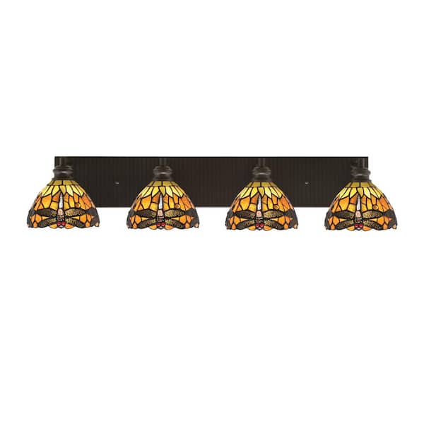 Unbranded Albany 34.25 in. 4-Light Espresso Vanity Light with Amber Dragonfly Art Glass Shades