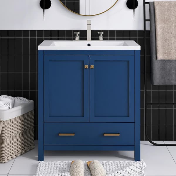 JimsMaison 30 in. W x 18 in. D x 34 in. H Single Sink Freestanding Bath Vanity in Blue with White Ceramic Top