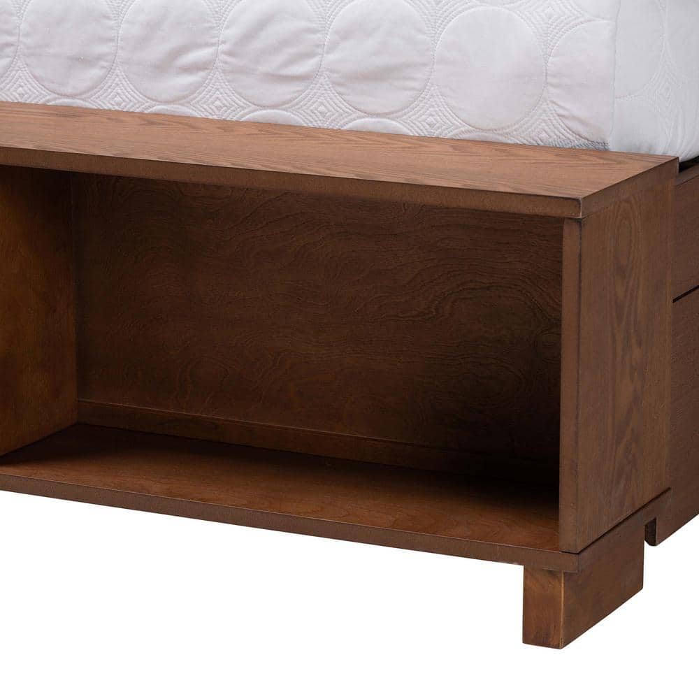 Walnut Brown Queen Bed with Rattan Headboard and Storage Drawers
