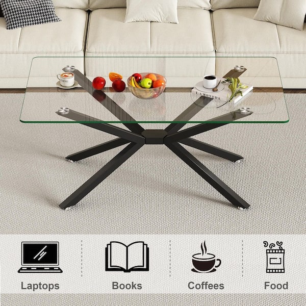 Modern Living Room Center 39 in. Black /Clear Rectangle Tempered Glass Coffee Table with Black Metal Legs