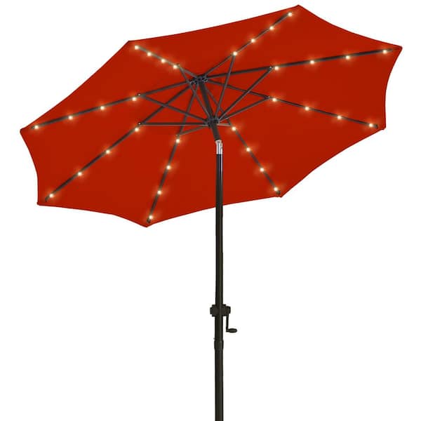 9 ft. Solar LED Lighted Market Patio Umbrella with Crank and Tilt in Red