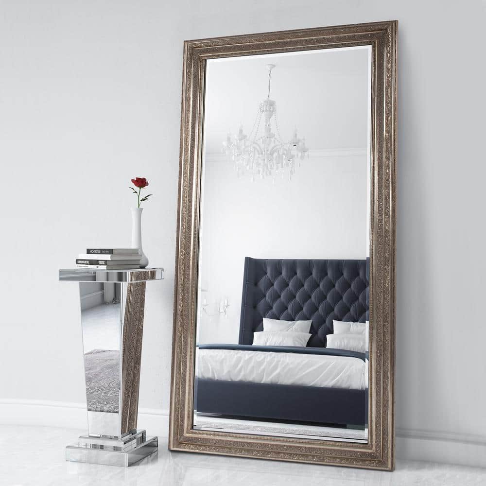 Nancy Oversized Champagne Silver Leaf Rectangular Wood Floor Mirror