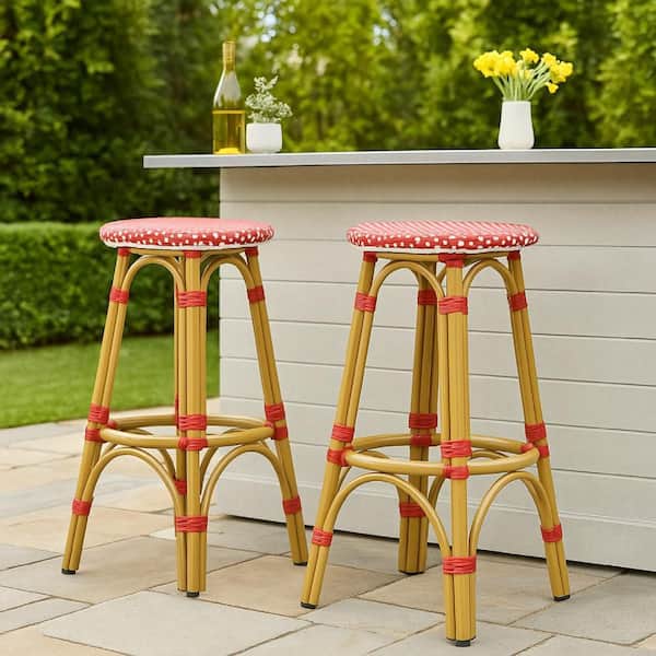 Brown Aluminum Outdoor Bar Stool with Red and White Wicker Cushion (2-Pack)
