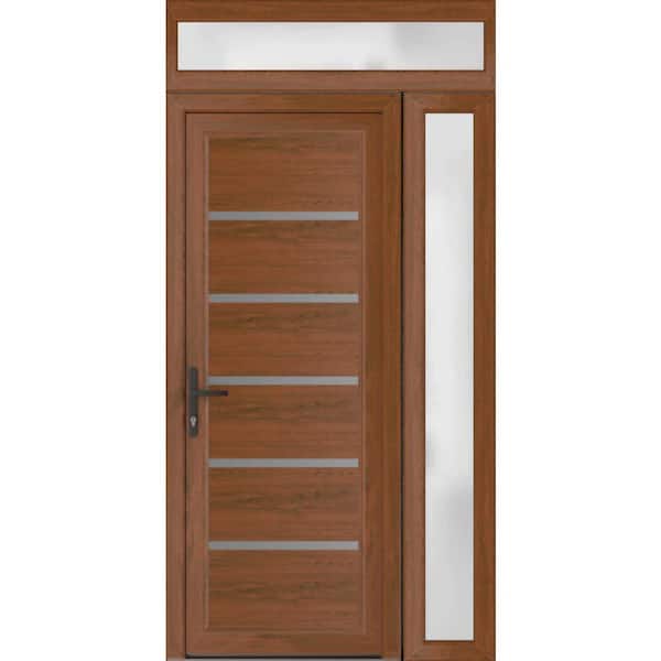 VDOMDOORS 46 in. x 80 in. Right-Hand/Inswing Frosted Glass Walnut Steel Prehung Front Door with Hardware