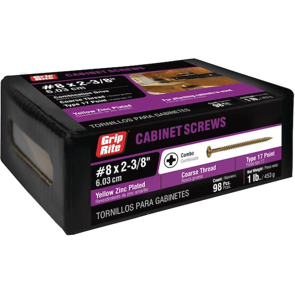Grip-Rite #8 x 2-3/8 in. #2 Phillips Yellow Zinc-Plated Washer Head Coarse Thread Cabinet Screws 1 lb. Box