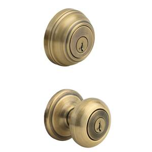 Juno Antique Brass Exterior Entry Door Knob and Single Cylinder Deadbolt Combo Pack Featuring SmartKey Security
