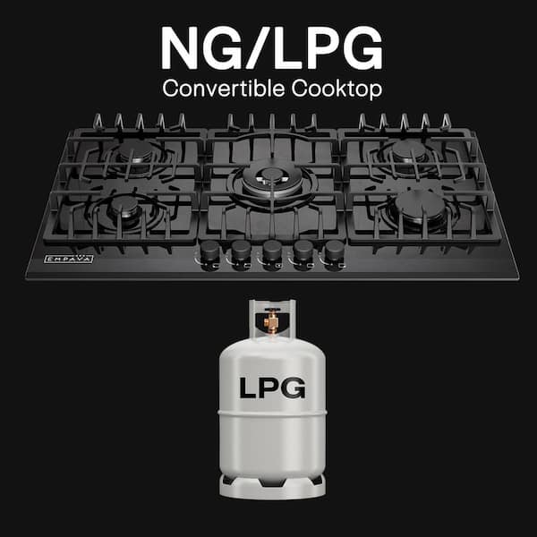 36 in. Gas Stove Cooktop with Italy SABAF 5-Burners NG/LPG Convertible in Black Tempered Glass