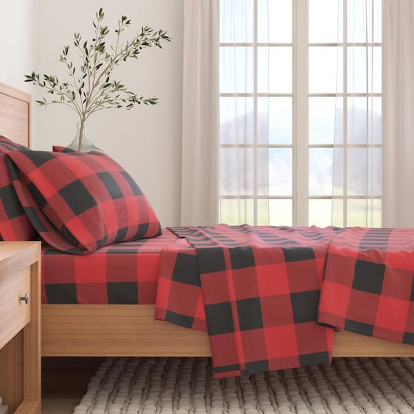 Red 4-Piece Buffalo Check Turkish Cotton Flannel King Sheet Set
