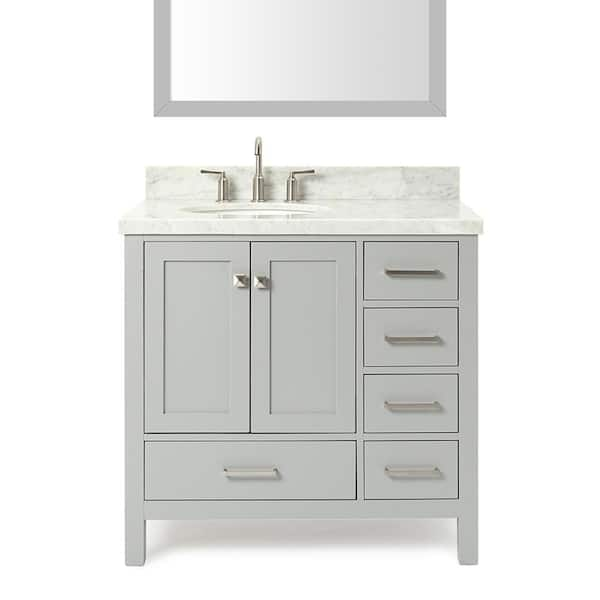 ARIEL Cambridge 37 in. W x 22 in. D x 36 in. H Bath Vanity in Grey with Carrara White Marble Top and Mirror