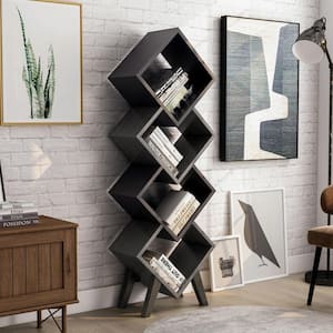 Scout 62 in. Black and Distressed Gray Wood Shelf Modern Bookcase Accent With 4-Shelves