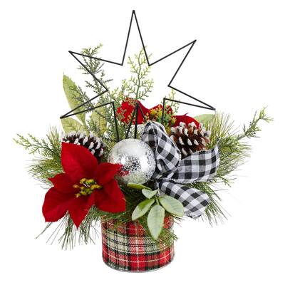 17 in. Unlit Holiday Winter Poinsettia, Greenery and Pinecones with North Star Plaid Table Artificial Arrangement