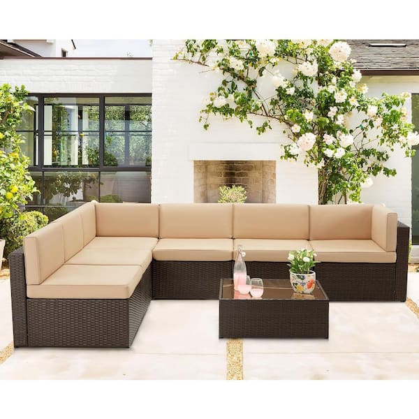 7-Piece Brown Wicker Outdoor Sectional Set with Khaki Cushions and Coffee Table