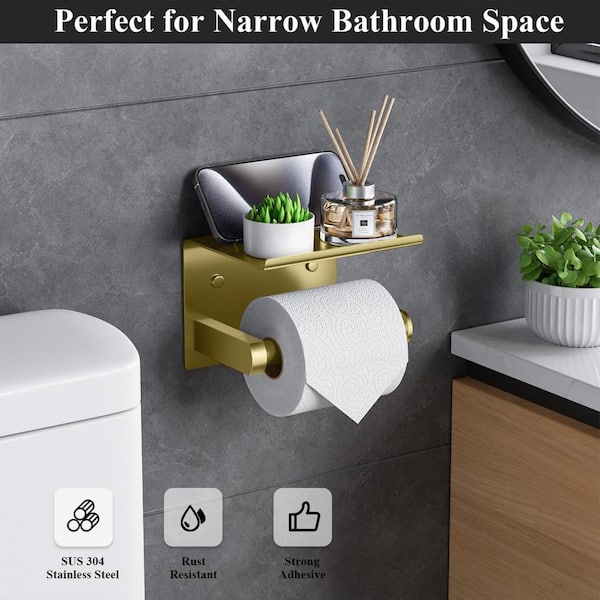 Wall Mounted Stainless Steel Toilet Paper Holder Tissue Roll Holder Hanger with Phone Shelf in Brushed Gold