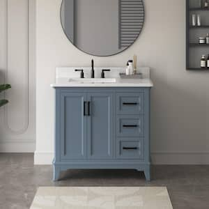 Rawsonville 37 in. Single Sink Freestanding Steel Blue Bath Vanity with White Quartz Top and Backsplash Assembled