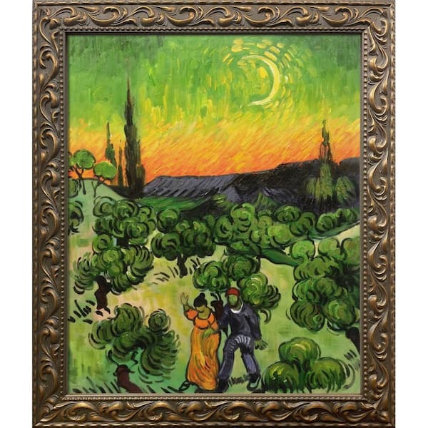 LA PASTICHE Landscape with Couple Walking and Moon Vincent Van Gogh Elegant Gold Framed Abstract Art Print 25.5 in. x 29.5 in.