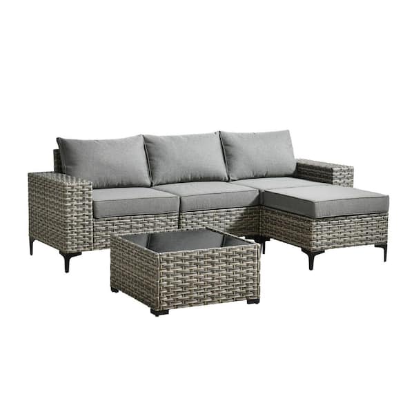 Sunny 5-Piece Wicker Wide Arm Outdoor Furniture Patio Conversation Sofa Seating Set with a Table and Dark Grey Cushions