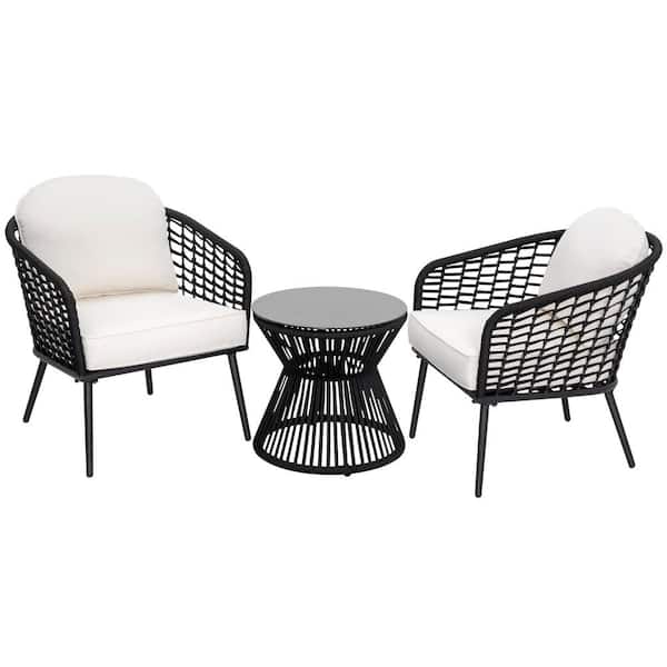 3-Piece Wicker Outdoor Bistro Set with White Cushion