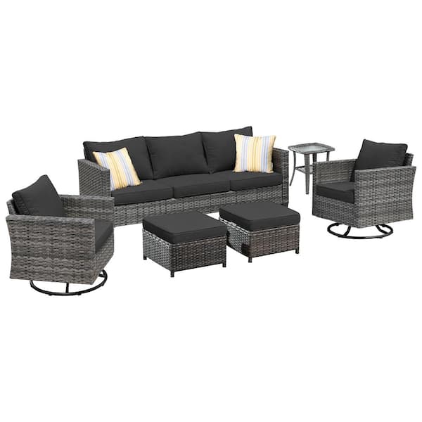 OVIOS New Vultros Gray 6-Piece Wicker Outdoor Patio Conversation Set with Black Cushions and Swivel Rocking Chairs