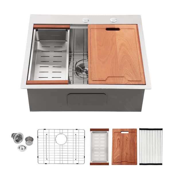 Qidian 28 in. Drop in Single Bowl 16-Gauge Brushed Nickel Workstation Stainless Steel Kitchen Sink with Bottom Grids