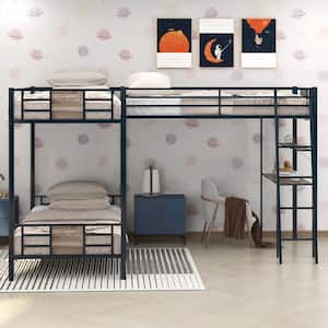 Brown Metal Triple Bunk Bed with Desk and Shelf, L-Shape Twin Over Twin Bunk Bed Attached Twin Size Loft Bed Frame